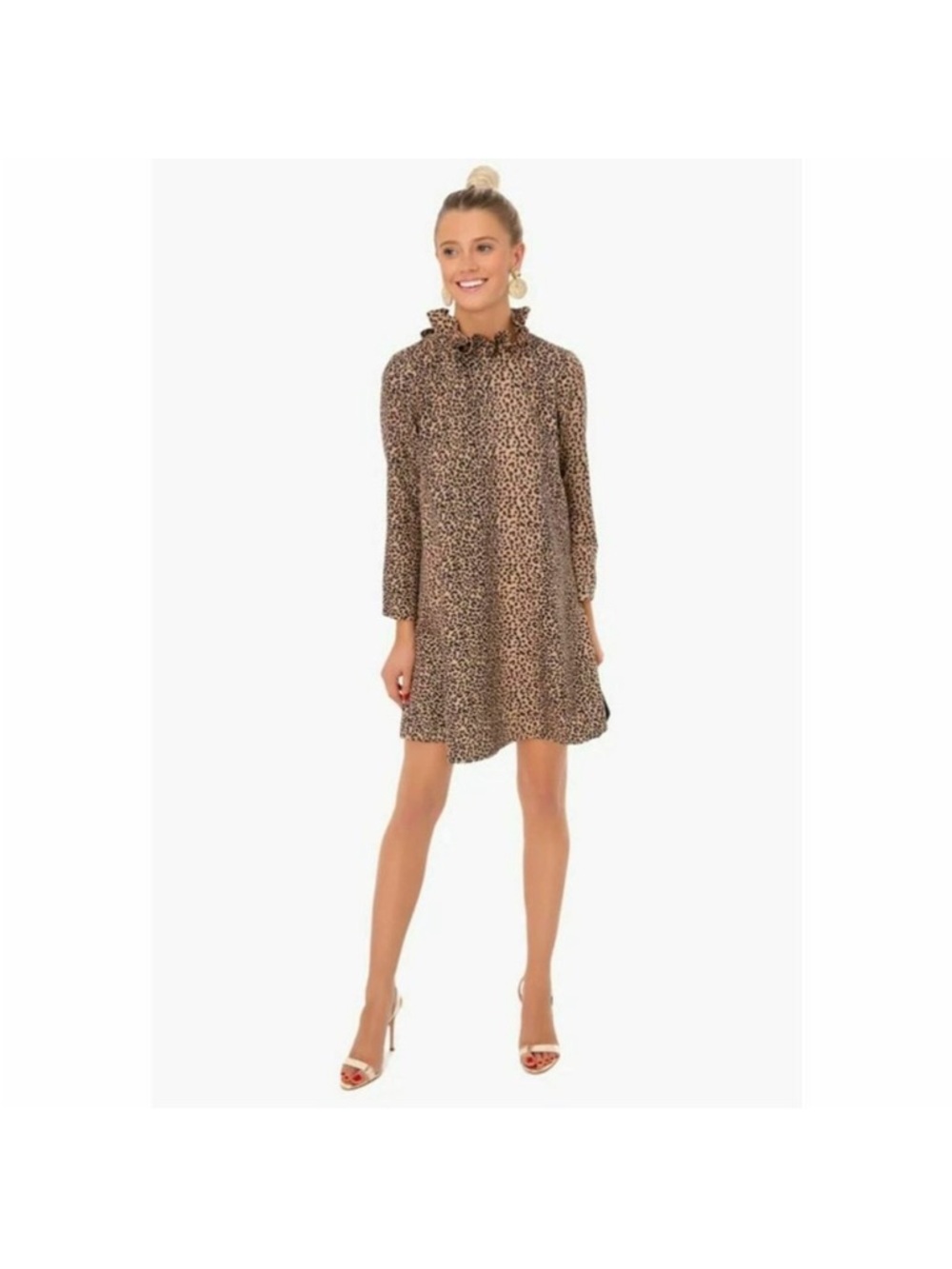 Tuckernuck Leopard Daphne Dress Long Sleeve Swing High-Neck Ruffle Collar Bow XS